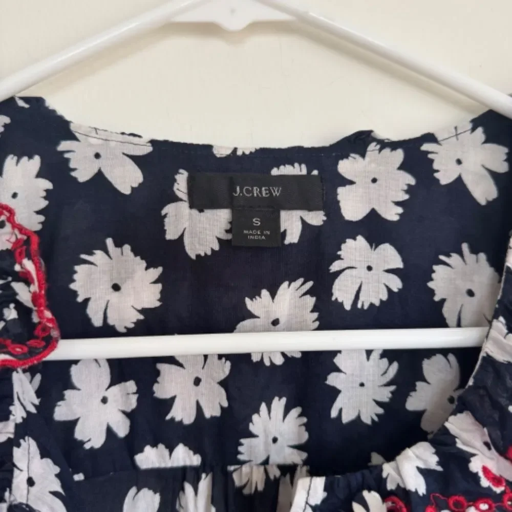 J. Crew Embroidered Ruffle Blouse - Blue/White Daisy Floral Pattern | Size S